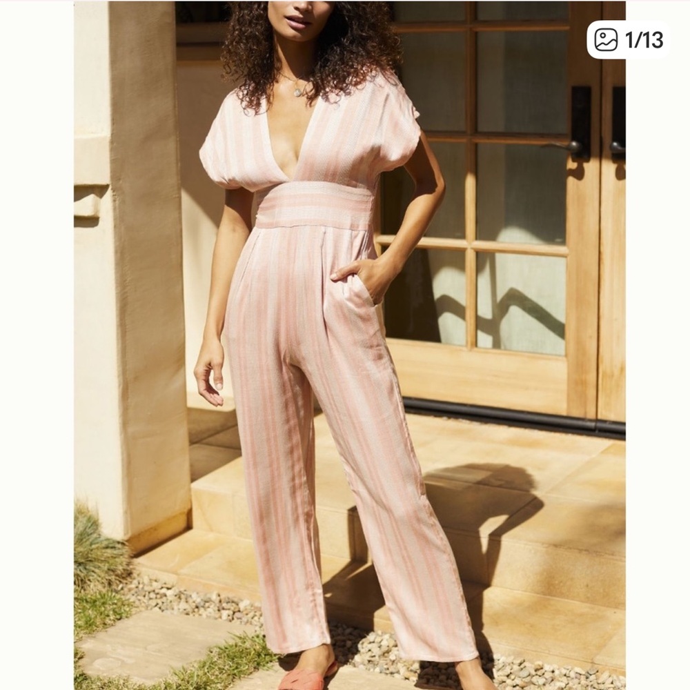 New Anthropologie Blush-Pink Striped Wide-Leg Jumpsuit